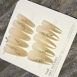 (S)🎀Handmade Nail Art French Gold Leaf Design Stilletto Style Press On Nails